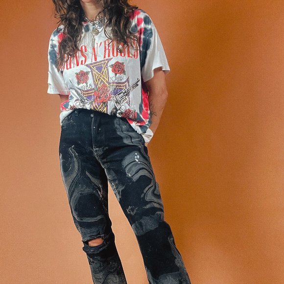 Reformation Marble Painted Cropped Distressed Black Raw Hem Jeans - 25 Waist - Picture 6 of 6